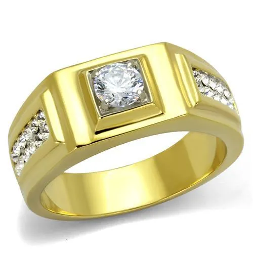 TK2222 - Two-Tone IP Gold (Ion Plating) Stainless Steel Ring with AAA Grade CZ in Clear - Grocery