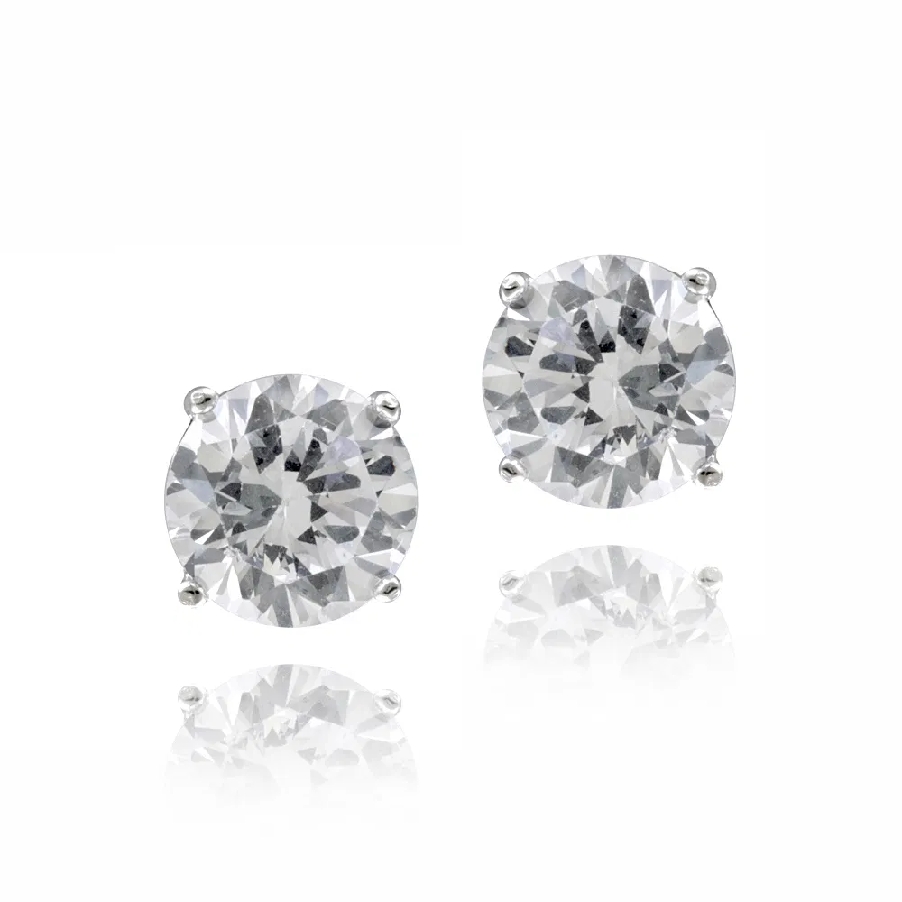 Silver Tone CZ Round Stud Earrings, 8mm - Grocery