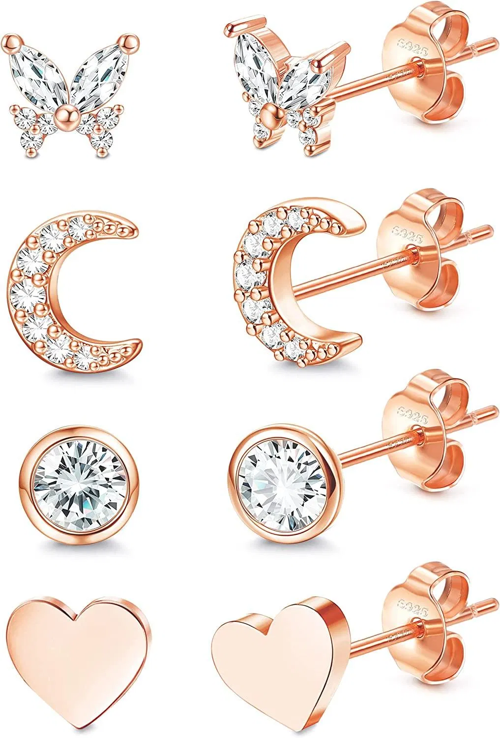 4 Pairs 925 Sterling Stud Earrings Set for Women Heart CZ Butterfly Moon Flower Stud Earrings Hypoallergenic 4MM Cubic Zirconia Cartilage Earrings Set - Grocery