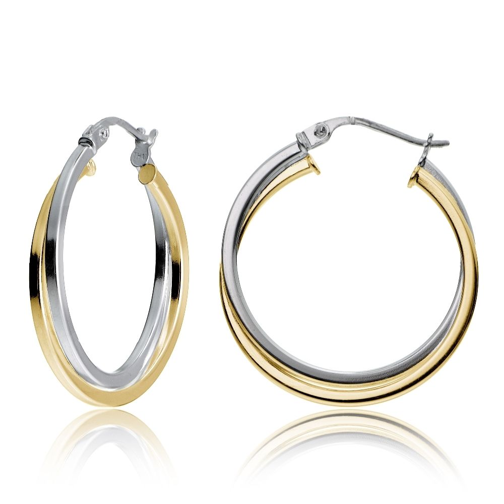 Gold Tone over Sterling Silver Two-Tone Intertwining Square Tube Polished Hoop Earrings, 25mm - Grocery