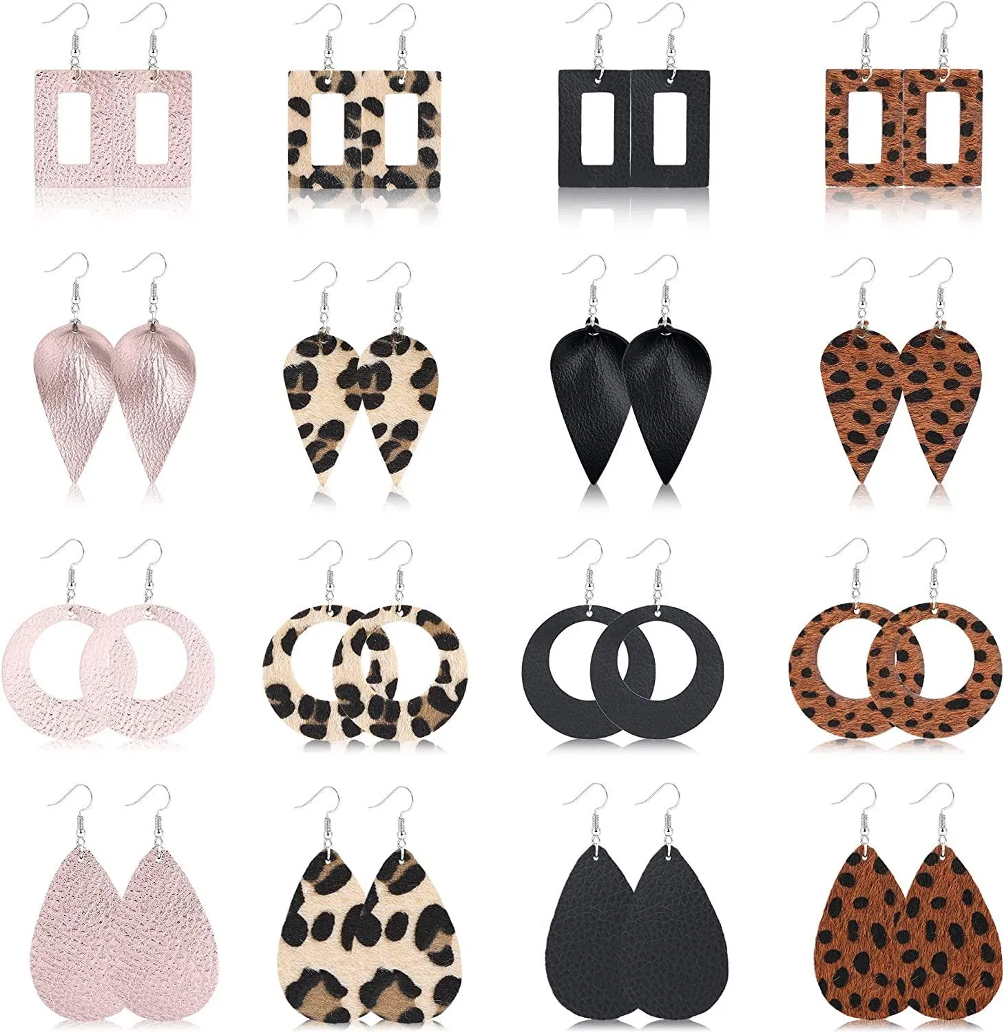 16 Pairs Leather Earrings for Women - Teardrop Leaf Leopard Print Geometry Drop Earrings Lightweight Dangle Earrings Set - Grocery