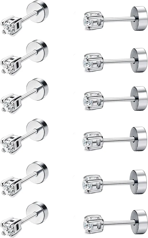 6 Pairs Stainless Tiny Cartilage Stud Earrings for Women Small Circle Square Flat Back CZ Stud Earrings Set Silver Rose-gold Ear Piercing Jewelry8mm - Grocery