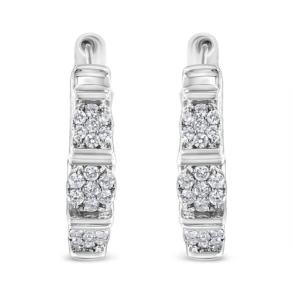 .925 Sterling Silver 1/2 cttw Round-Cut Diamond Floral Cluster Hoop Earring (I-J Color, I2-I3 Clarity) - Grocery