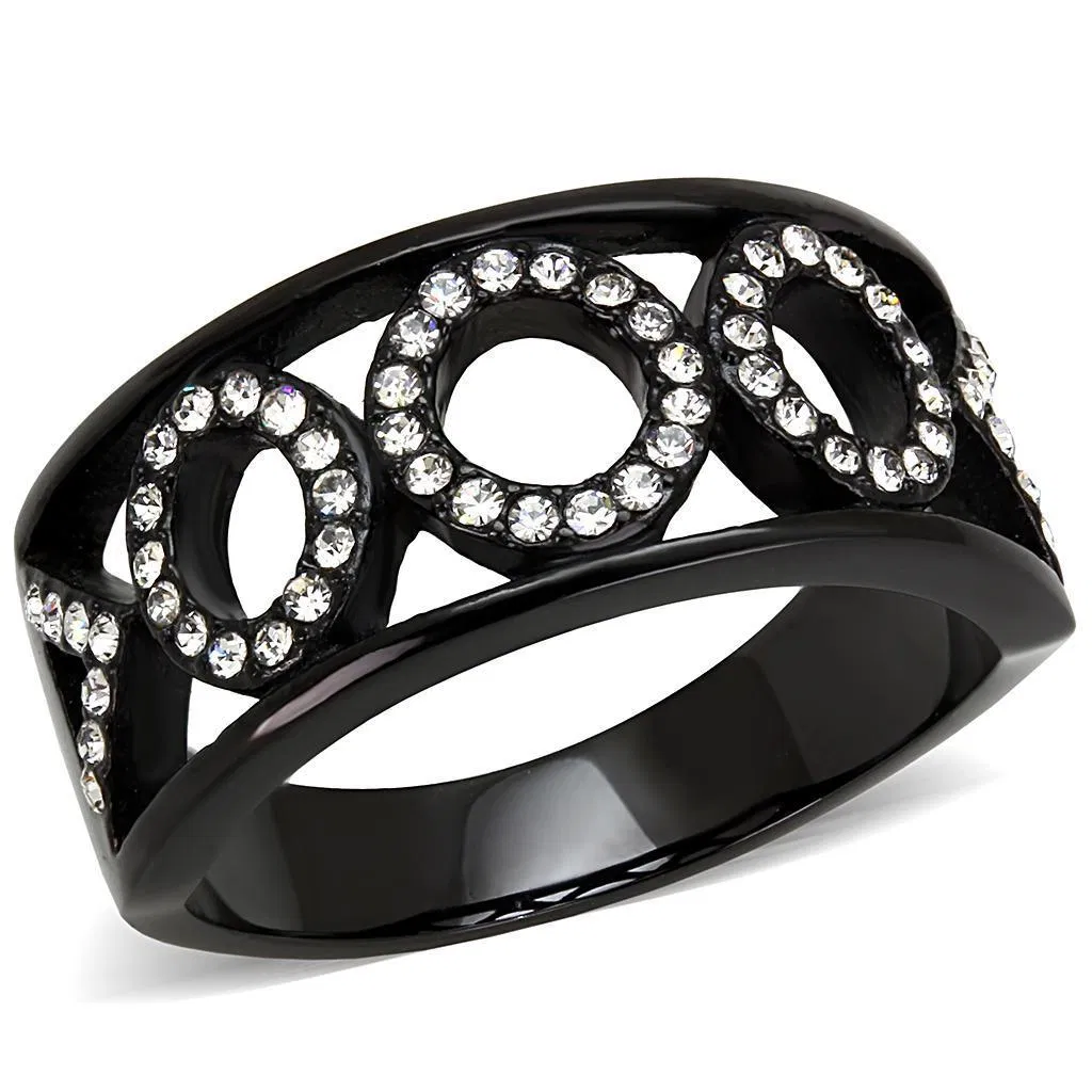 TK3046 - IP Black(Ion Plating) Stainless Steel Ring with Top Grade Crystal in Clear - Grocery
