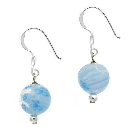 Sterling Silver Light Blue Millefiori Murano Glass 10mm Bead Dangle Earrings - Grocery