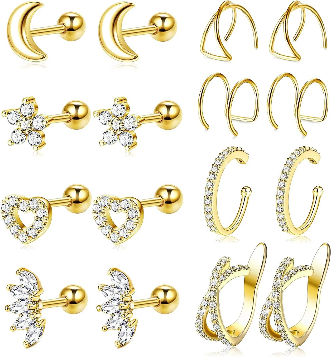 8 Pairs 16G Stainless Cartilage CZ Stud Earrings for Women Helix Tragus Daith Piercing Cubic Zirconia Ear Cuff Clip on Earrings Set - Grocery