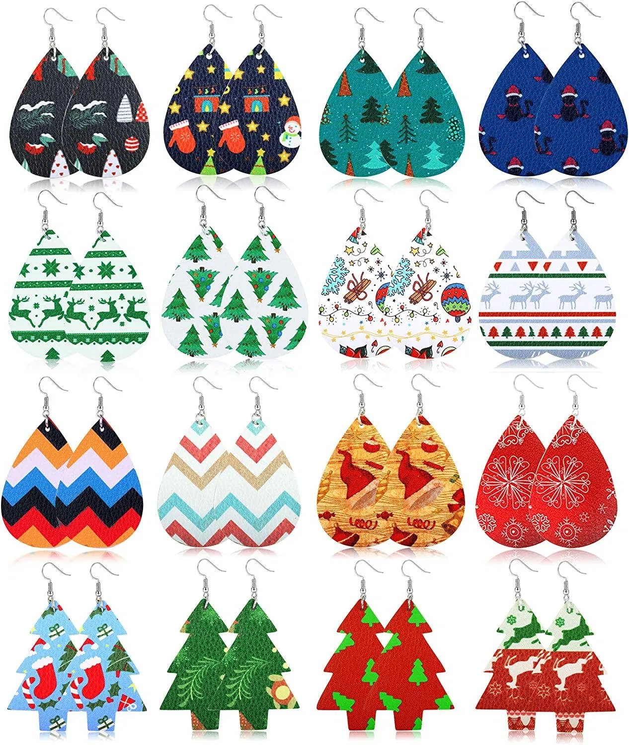 16 Pairs Christmas Faux Leather Earrings for Women Christmas Tree Teardrop Dangle Earrings Handmade Lightweight Petal Drop Earrings Xmas Holiday Jewelry - Grocery