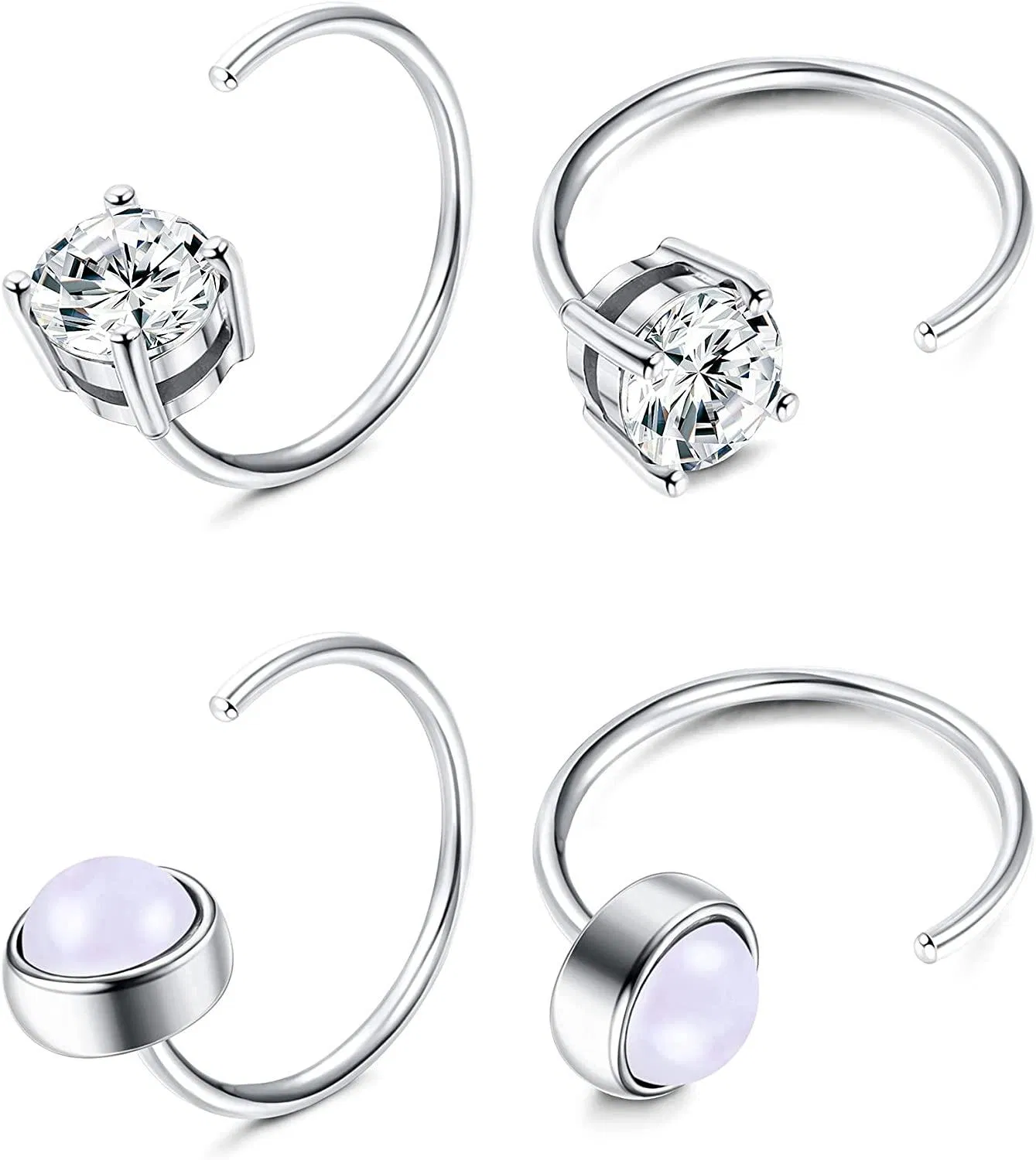 2 Pairs 925 Sterling Silver Half Hoops Earrings Opal Ball Star Dot Small Hoop Earrings Huggie Cartilage Earrings Hug Tiny Hoop Earrings for Women Men - Grocery