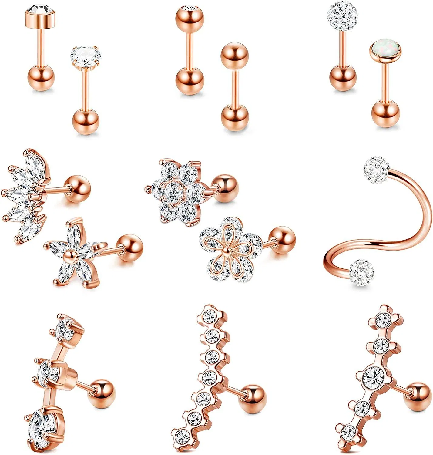 14 Pcs Stainless Cartilage Earrings Tragus Helix Ear Piercing Barbell Conch Earrings Helix Piercing Cubic Zirconia Cartilage Stud Earrings for Women Men - Grocery