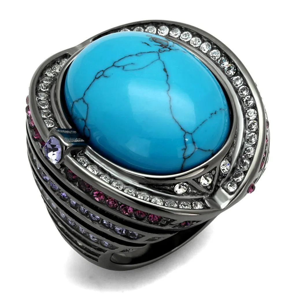 TK2983 - IP Light Black (IP Gun) Stainless Steel Ring with Synthetic Turquoise in Sea Blue - Grocery