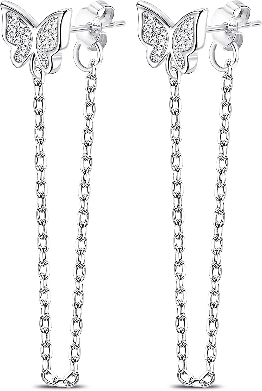 925 Sterling Silver Butterfly Chain Stud Earrings for Women 14K Gold Plated Drop Chain Dangle Earrings Hypoallergenic Jewelry - Grocery