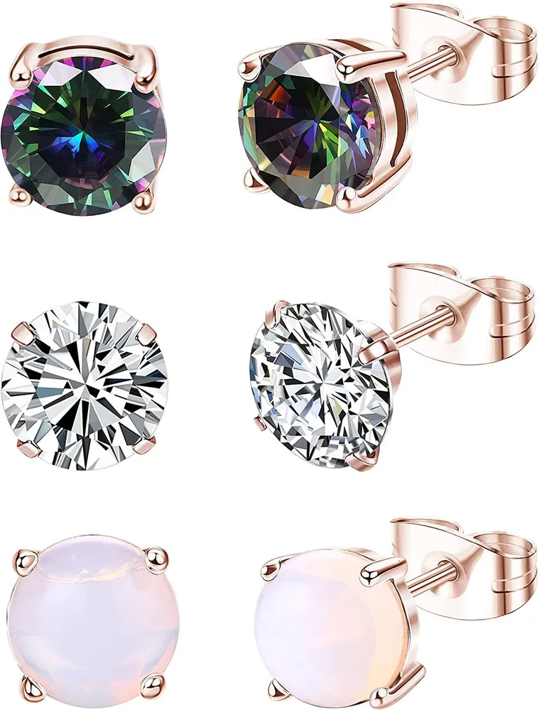 3 Pairs Stainless Stud Earring CZ Moonstone Earrings Set for Women Man Ear Piercing Earrings Cubic Zirconia Inlaid with Gift Box - Grocery
