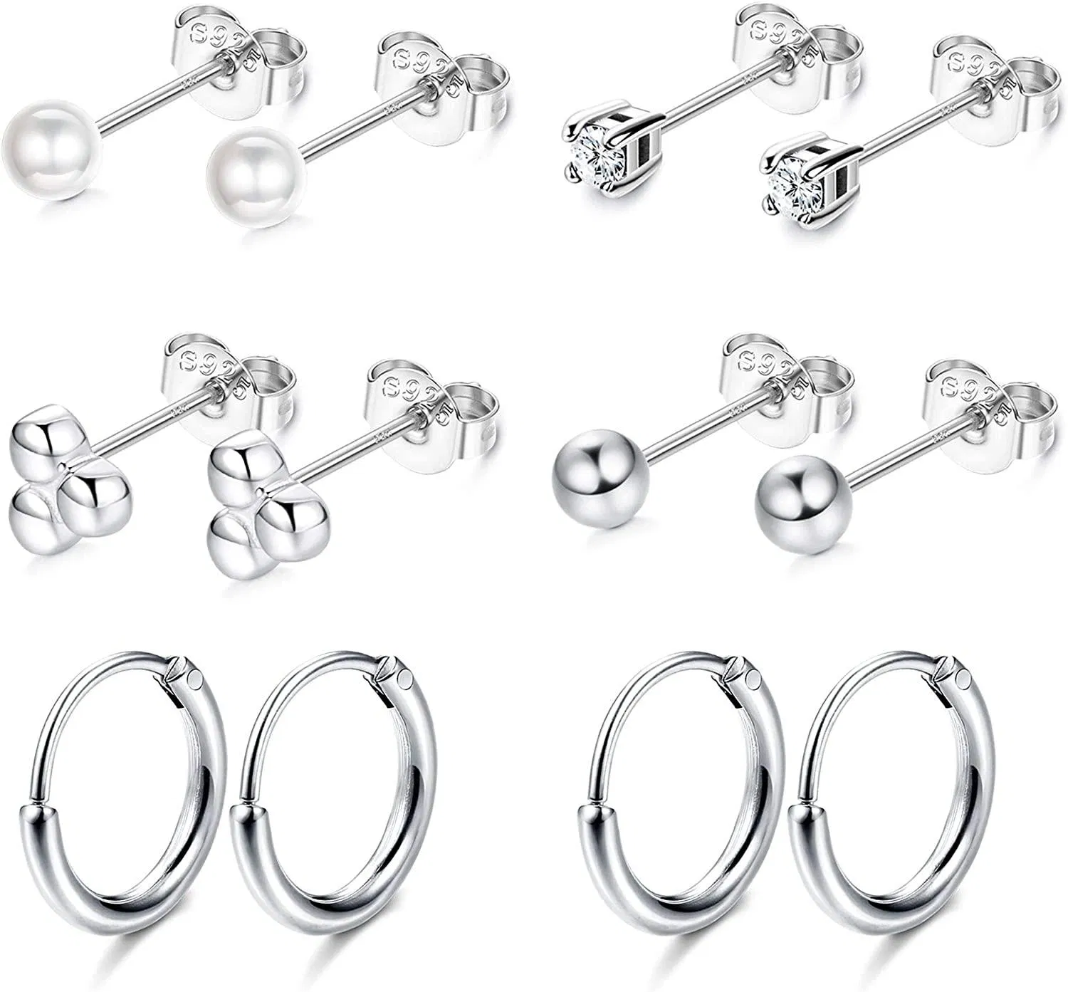 6Pairs Sterling Silver Stud Earrings for Women Men Tiny Ball CZ Stud Round Pearl Earrings Small Hoop Cartilage Tragus Piercing Earrings - Grocery