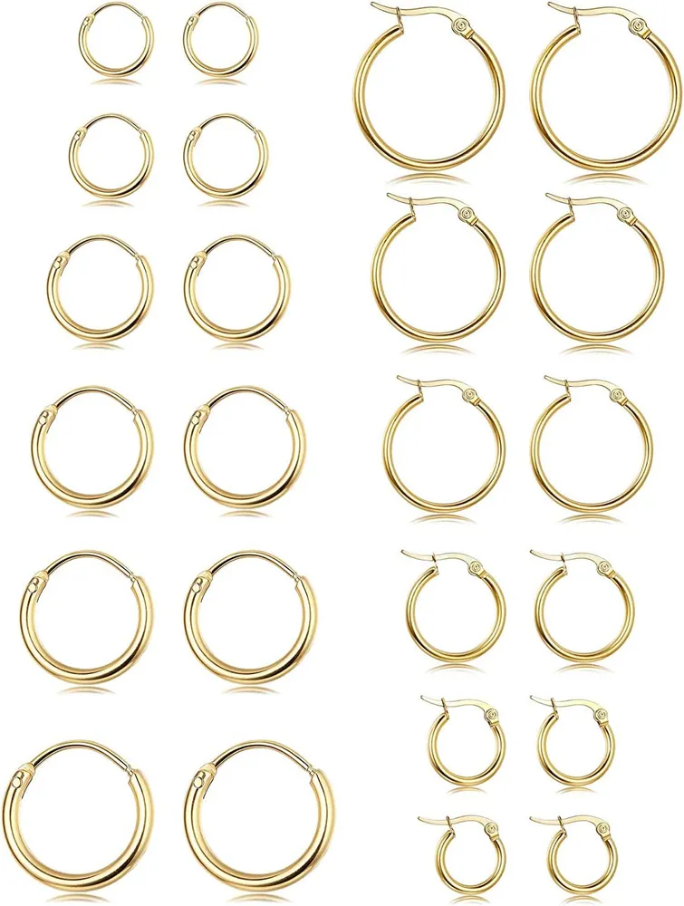 12 Pairs Stainless Small Round Hoop Earrings for Women Twisted Hoop Earrings Set; 10MM-20MM - Grocery