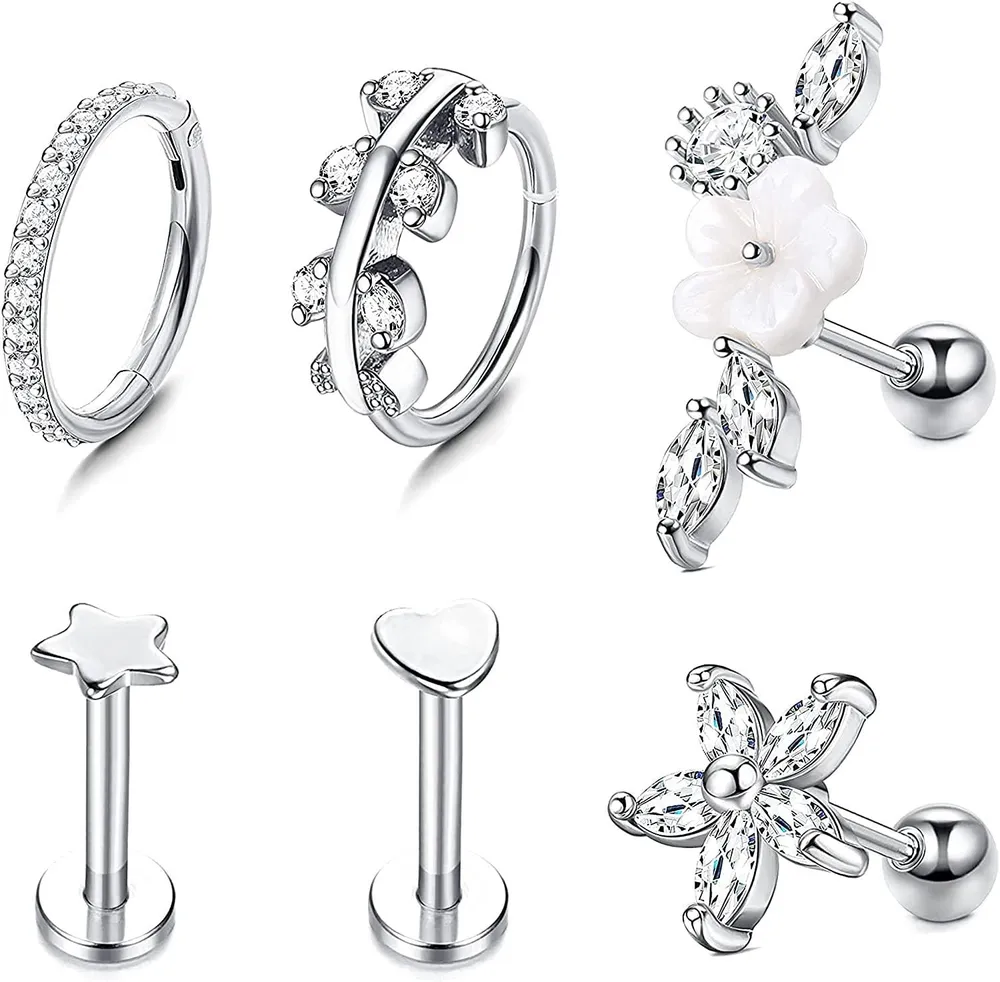6Pcs 16G Tragus Earring for Women Stainless Cartilage Earrings CZ Labret Conch Rook Helix Piercing Jewelry - Grocery