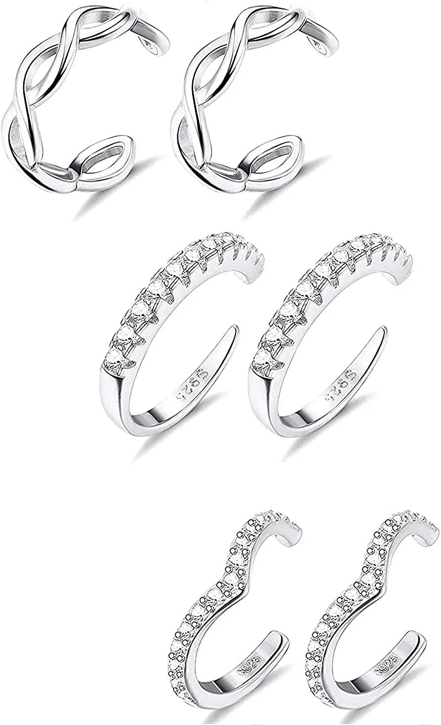 3 Pairs Sterling Cuffs Earrings for Women Adjustable Cubic Zirconia Ear Cuffs Round Half Huggie Hoop Earrings Non Pierced Cartilage Tragus Set - Grocery