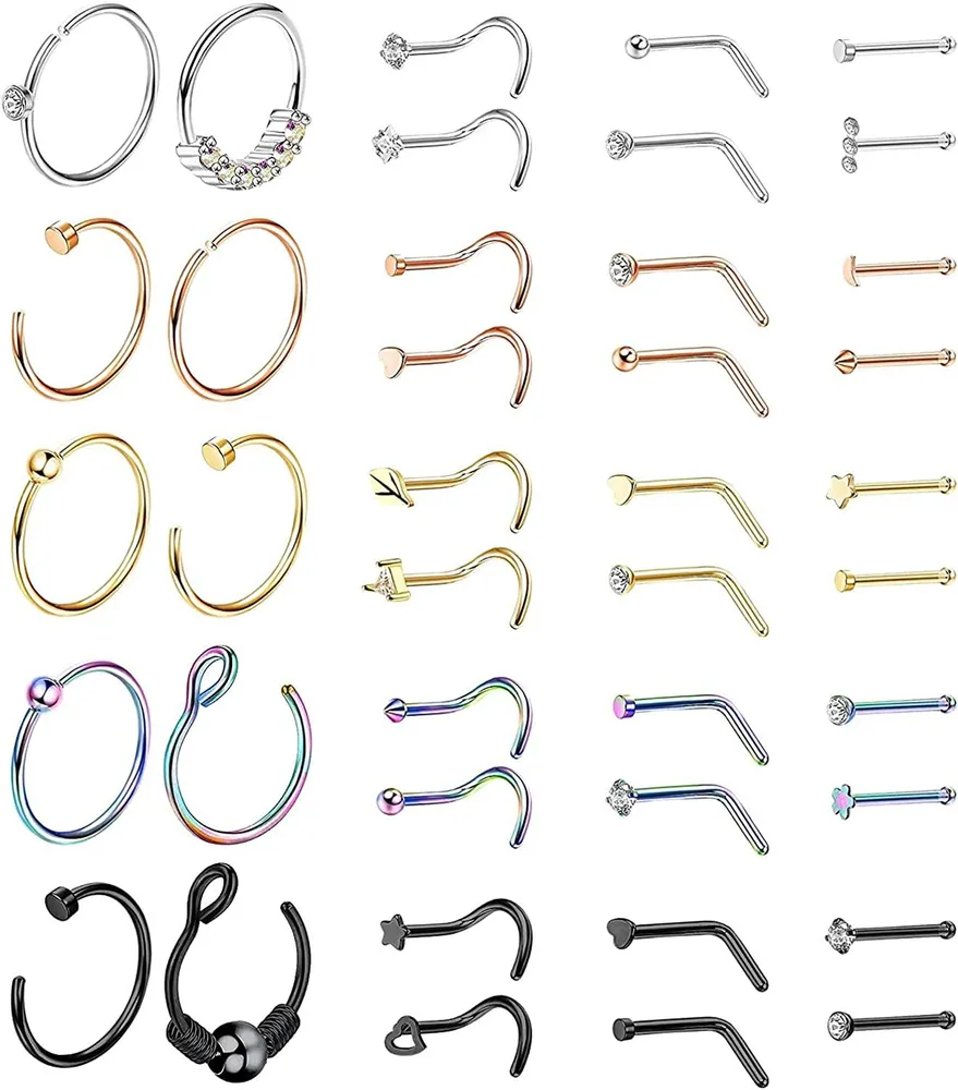 40 Pcs 20G Nose Rings for Women Men Nose Rings Hoops Zircon Inlaid Stainless Screw L Shape Nose Piercing Jewelry - Grocery