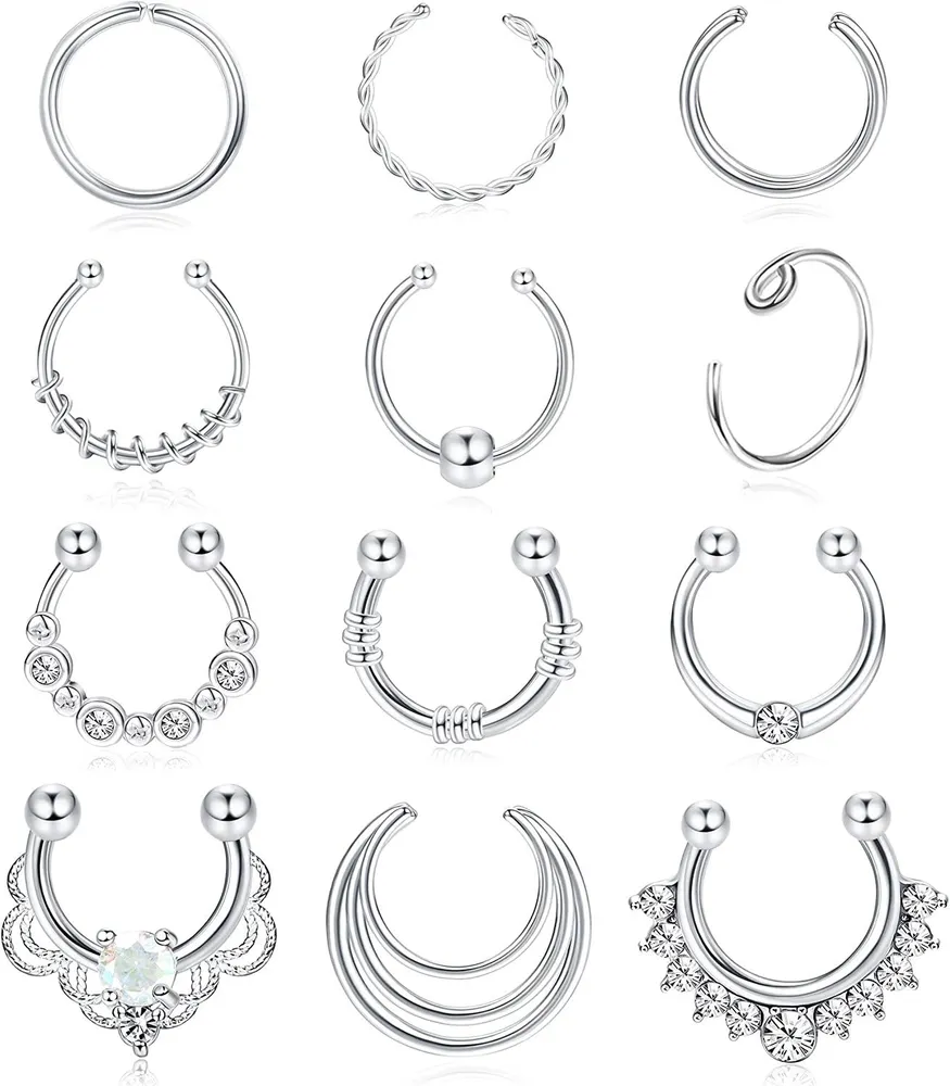 12 PCS Stainless Nose Rings Septum Hoop Nose Piercings for Women Men Tragus Cartilage Earrings Body Piercing Jewelry - Grocery