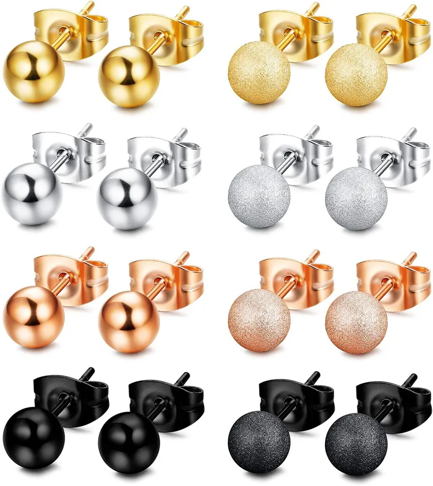 8 Pairs Stud Ball Earrings 316L Surgical Stainless Round Ball Earrings Set for Women Mens - Grocery
