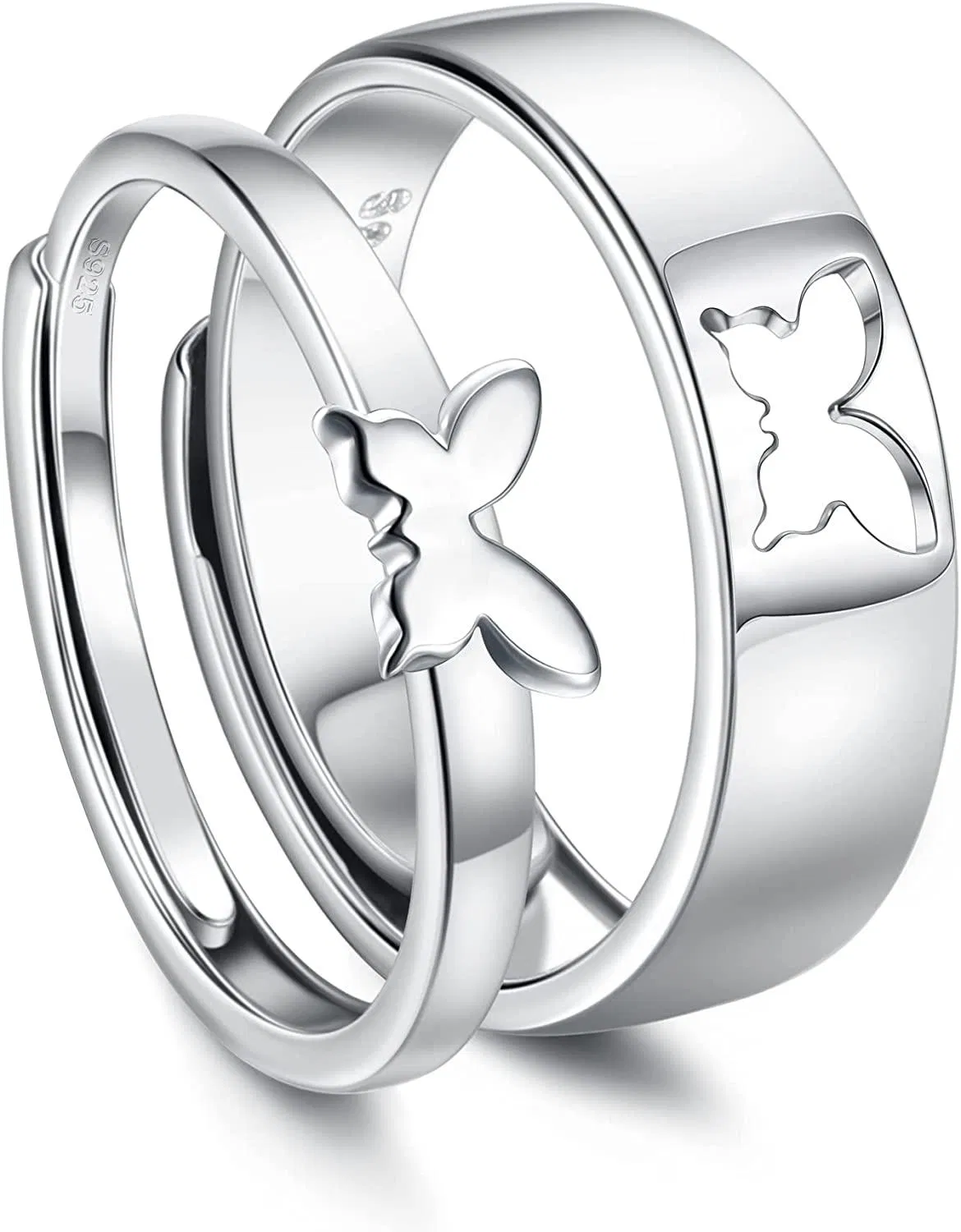 925 Sterling Silver Couple Rings for Women Men Adjustable Butterfly Heart Ring Matching Promise Ring Anniversary Wedding Jewellery Couples Gifts - Grocery