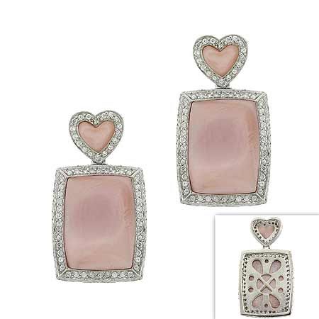Sterling Silver .925 Genuine Pink Mother of Pearl MOP Stone Inlay Heart Flower Filigree Simulated Diamond cz Pave Dangle Rectangle Earrings - Grocery