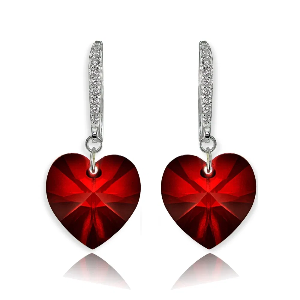Sterling Silver Ruby Heart Dangle Earrings created with Swarovski Crystals - Grocery