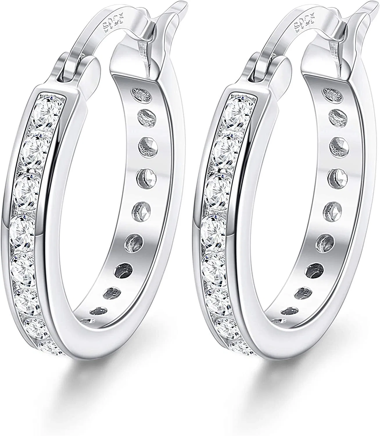 12mm Small Hoop Earrings 925 Sterling Silver Sleeper Round Earrings Cubic Zirconia Hoop Earrings for Women - Grocery