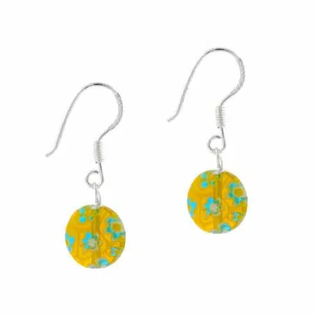 Sterling Silver Yellow Millefiori Murano Glass Circle Dangle Earrings - Grocery