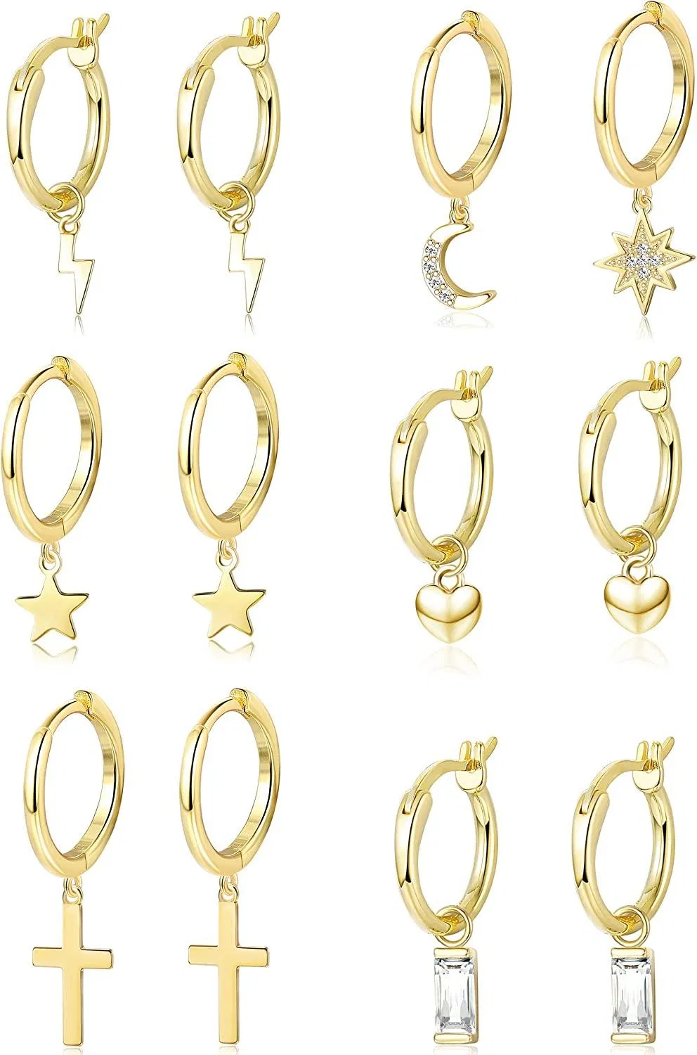 6 Pairs Hoop Dangle Earrings Set for Men Women Heart Crystal Star Moon Heart Asymmetrical Huggie Drop Dangle Earrings Stainless Earrings Fashion Jewerly - Grocery