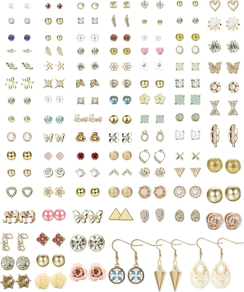 99Pairs Assorted Stud Earrings Set for Women Men Bar Star Moon Geometric Arrow Flower Bow CZ Ball Faux Pearl Drop Statement Small Stud Earrings Set - Grocery