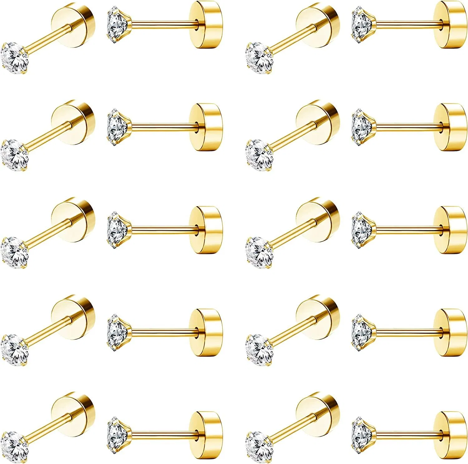 10Pairs 18G Stainless CZ Stud Earrings for Women Men Cartilage Helix Piercing Earring Round Cubic Zirconia Screw Flat Back Stud Ear Set - Grocery