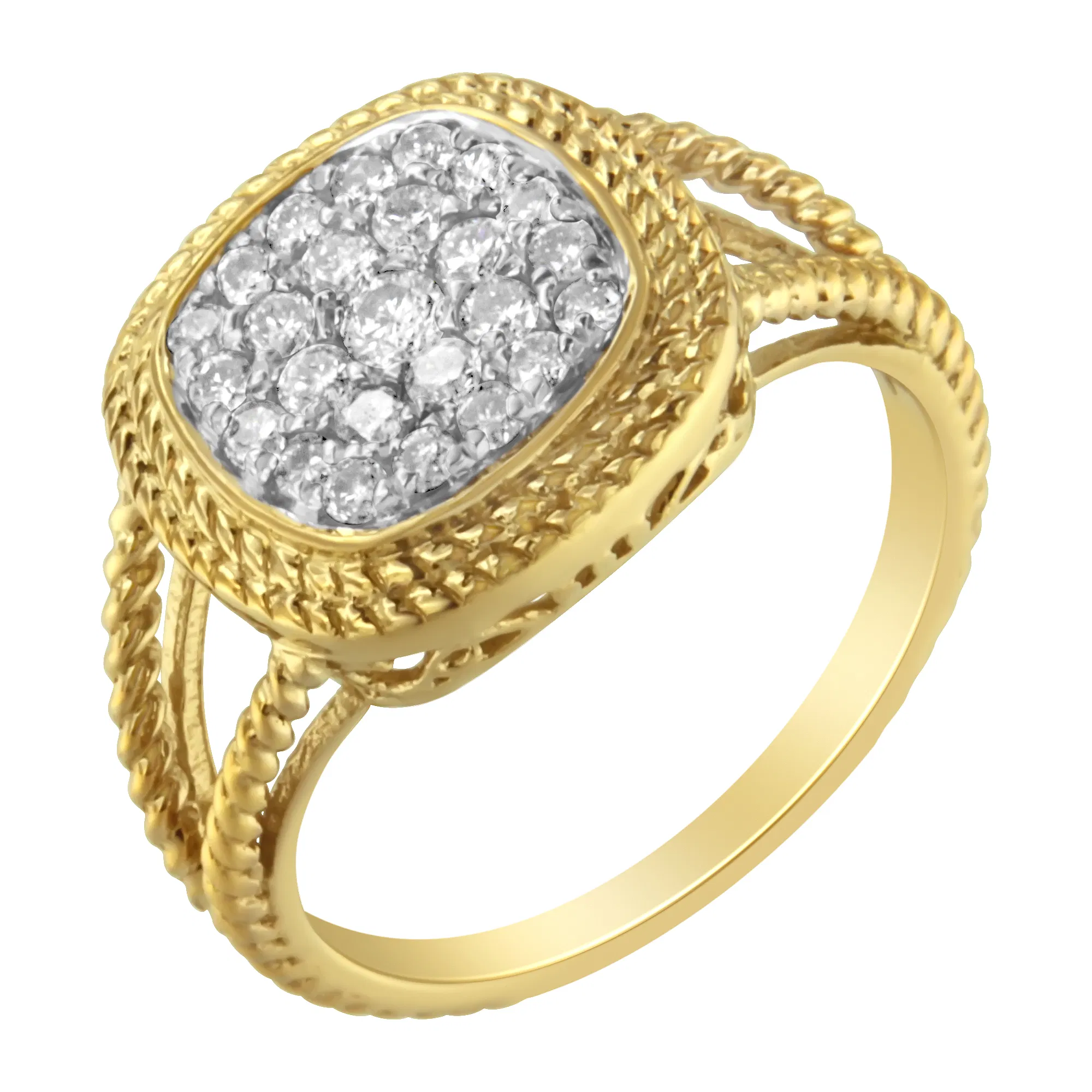 10K Yellow Gold Plated .925 Sterling Silver 1/2 Cttw Diamond Square Cushion Cluster Split Shank Cocktail Ring (J-K Color, I2-I3 Clarity) - Grocery
