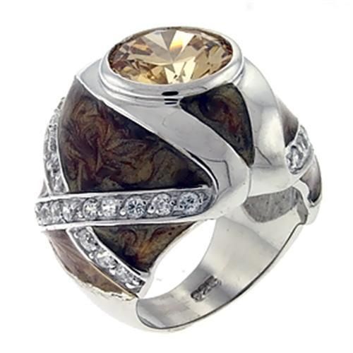 LOA526 - High-Polished 925 Sterling Silver Ring with AAA Grade CZ in Champagne - Grocery