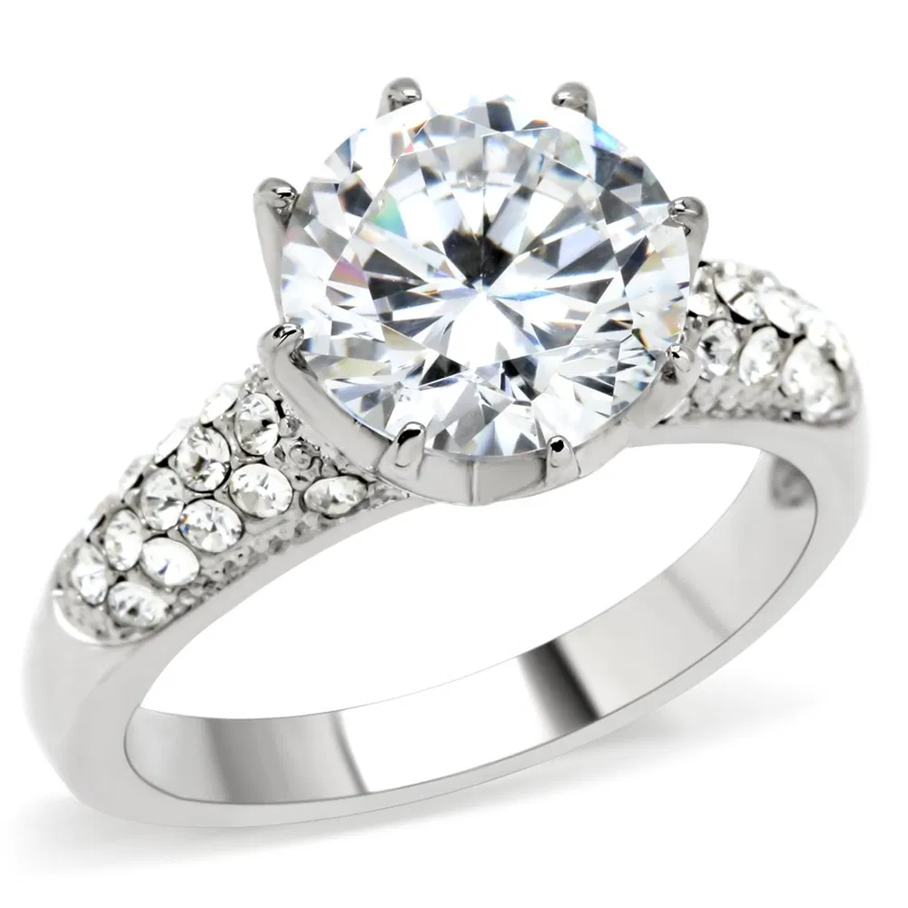 TK197 - High polished (no plating) Stainless Steel Ring with AAA Grade CZ in Clear - Grocery