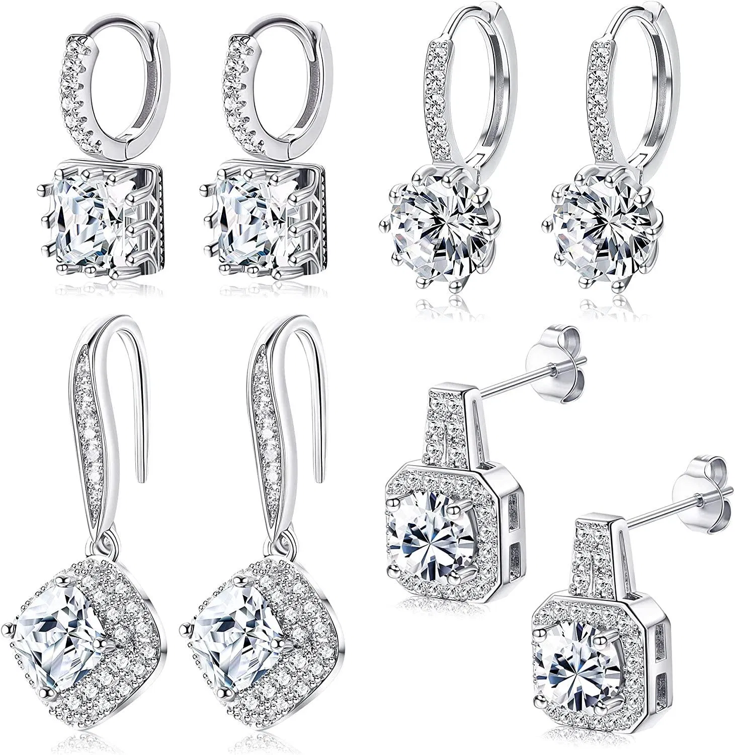 4Pairs Cubic Zirconia Stud Dangle Earrings Set for Women Square Round Purple Green Blue Hook Drop Earrings Set Wedding Engagement Earrings Colorful - Grocery