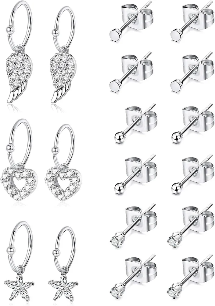 18Pcs 16-20G Feather Heart Flower Hoop Cartilage Earring for Women Men 316L Stainless Tiny CZ Ball Stud Helix Hoop Earring - Grocery