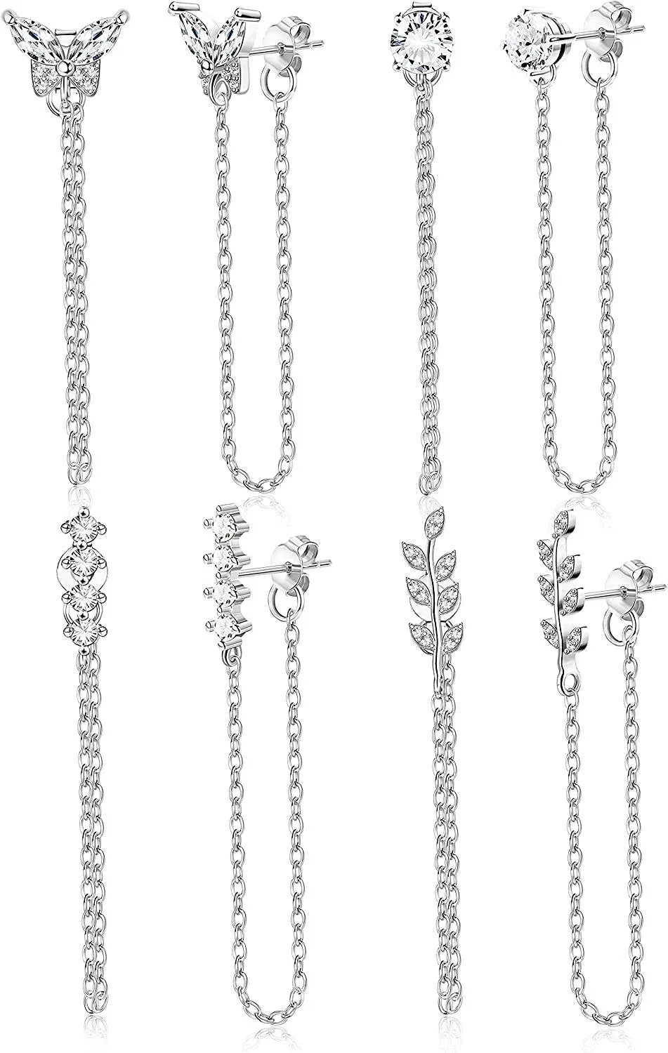 Chain Earrings Leaf Bar Butterfly CZ Stud Earrings with Chain Drop Dangle Earrings Plated Earrings for Women Men - Grocery