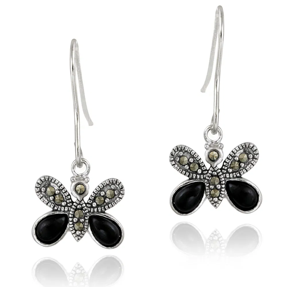 Sterling Silver Marcasite & Onyx Butterfly Earring - Grocery