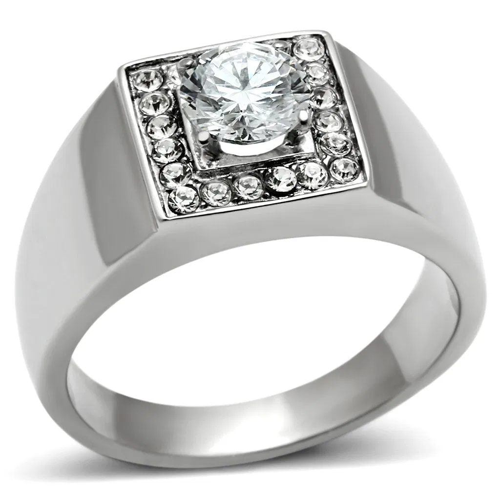 TK483 - High polished (no plating) Stainless Steel Ring with AAA Grade CZ in Clear - Grocery