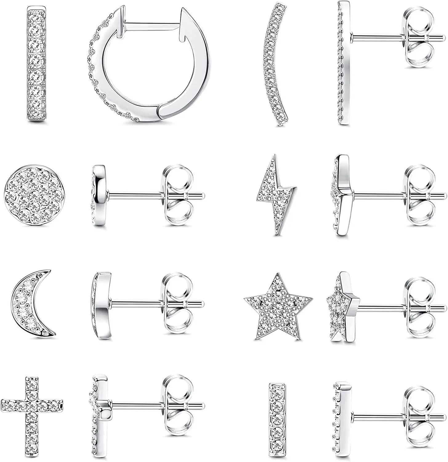 8 Pairs Stainless Steel Stud Earrings CZ Minimalist Cuff Earrings Huggie Stud Star Moon Cross Disc Bar Cute Tiny Geometric Stud Earrings Set for Women - Grocery