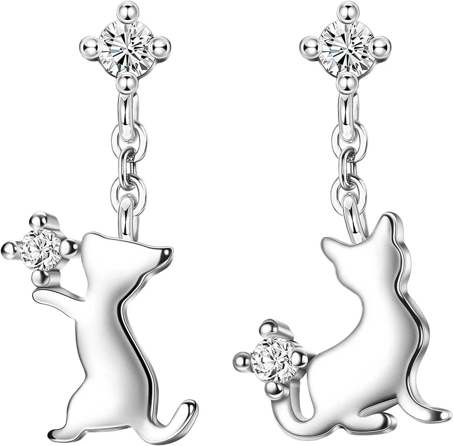 Cute Cat Earrings Sterling Dangle Earrings For Teen Egirl Women With Shiny Cubic Zirconia Cat Dangle Earrings Birthday Festival Gift For Daughter - Grocery