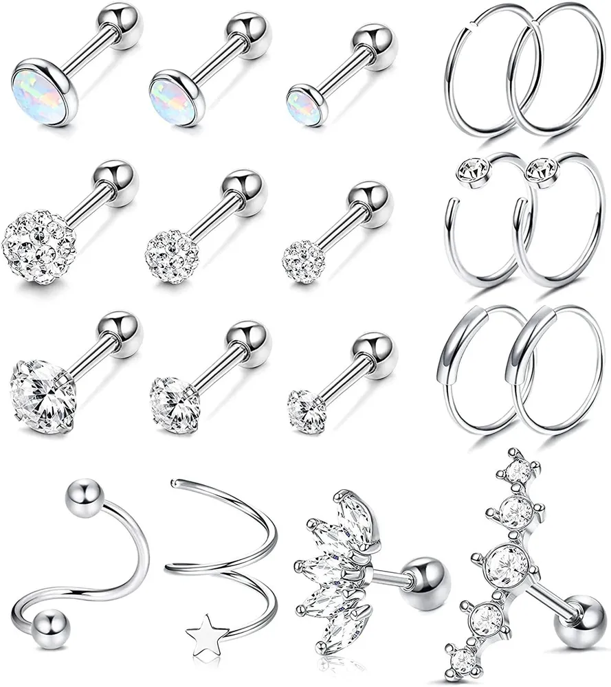 19Pcs Cartilage Earring Stud Hoop 16G 316L Stainless Helix Conch Piercing for Women - Grocery