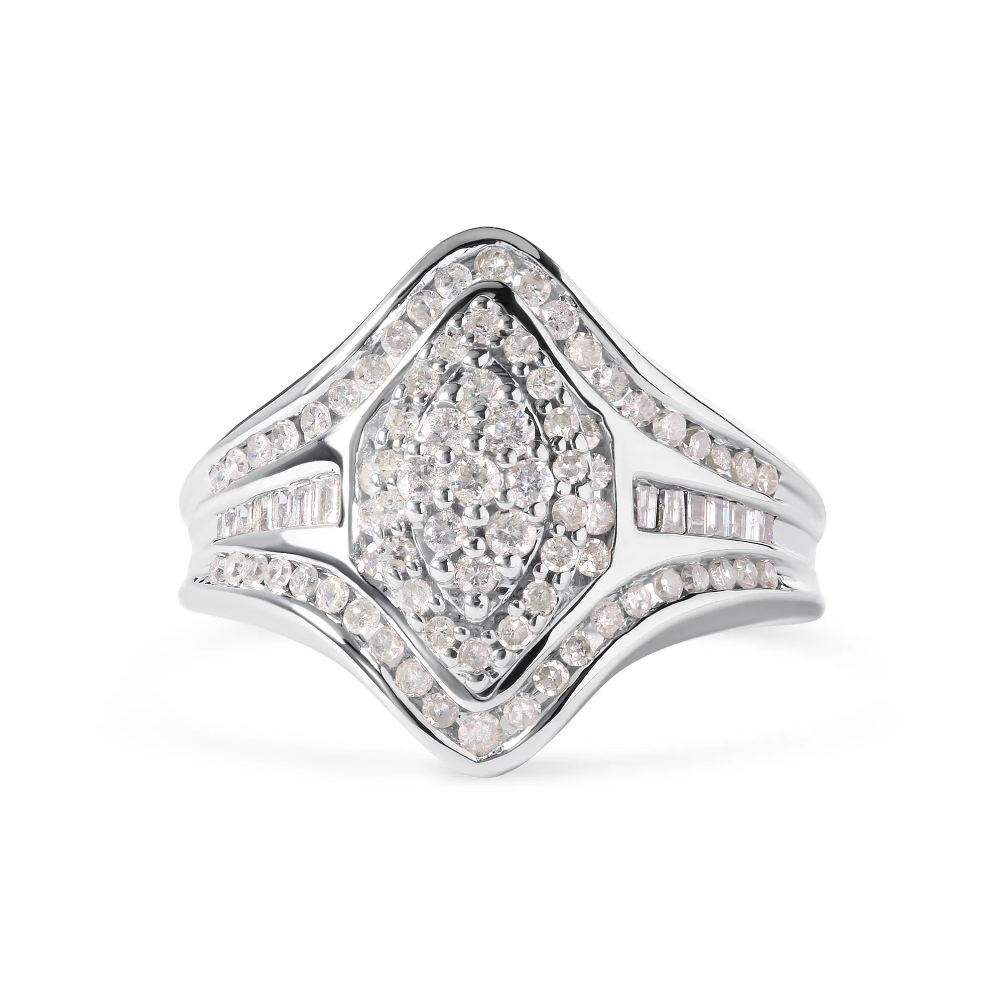 14K White Gold 3/4 Cttw Round and Baguette cut Diamond Cluster Ring (H-I Color, I1-I2 Clarity) - Grocery