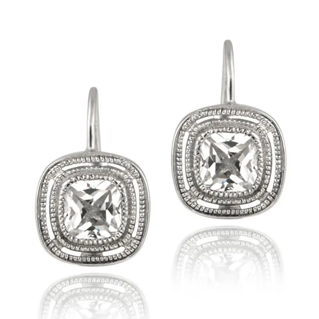 Sterling Silver CZ Square Leverback Earrings - Grocery