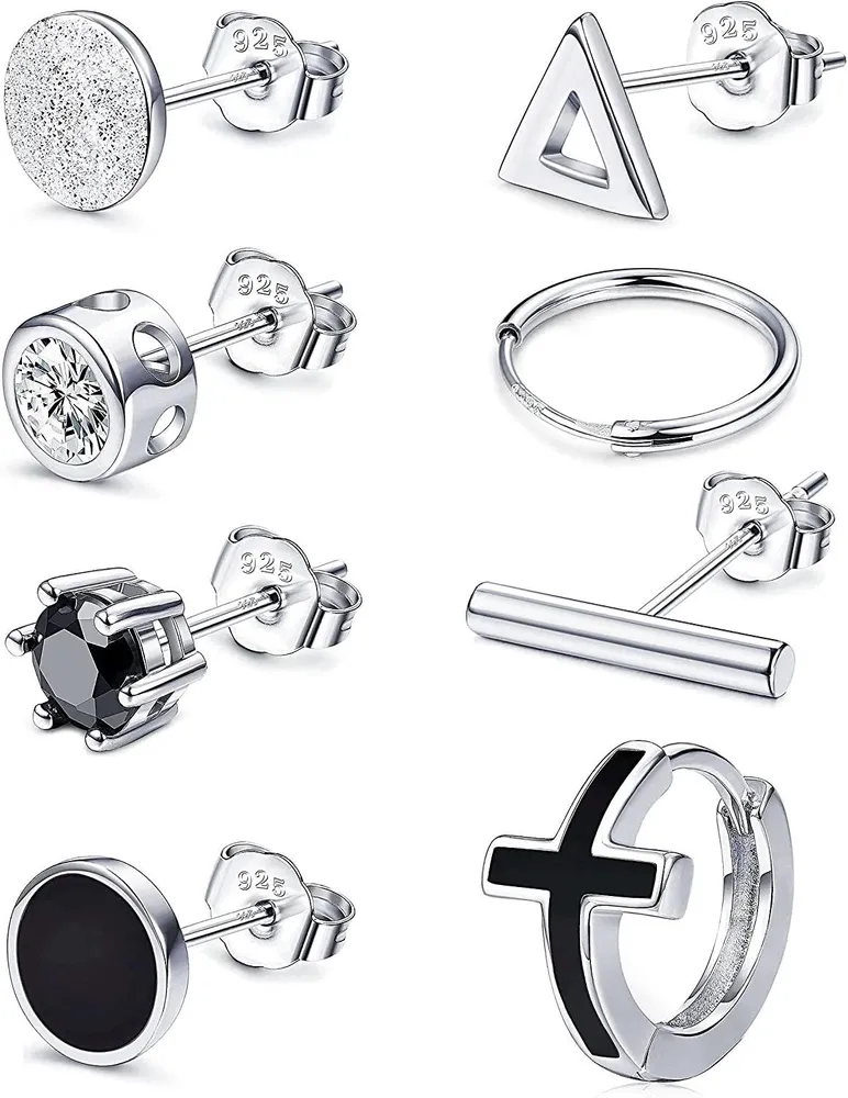 8Pcs 925 Sterling Silver Assorted Stud Earrings For Women Men Small Single CZ Bar Stud Earrings Black Cross Hoop Cartilage Earrings Set - Grocery
