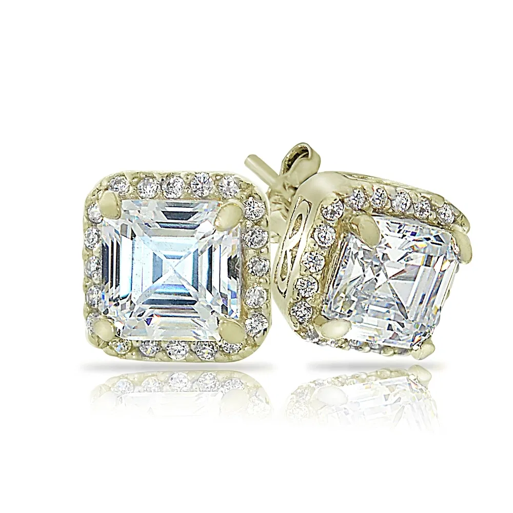 18K Gold over Sterling Silver 3ct Asscher-Cut CZ Stud Earrings - Grocery