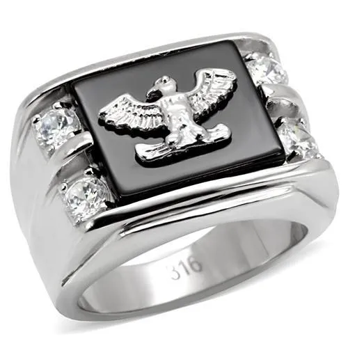 TK02221 - High polished (no plating) Stainless Steel Ring with Semi-Precious Agate in Jet - Grocery