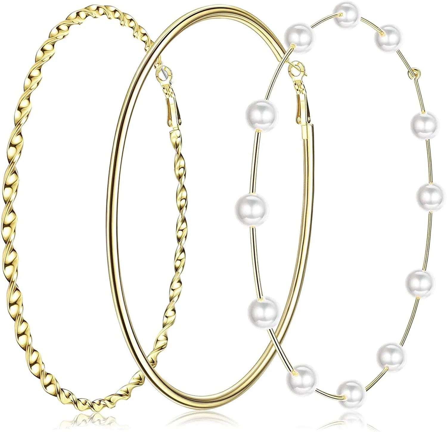 3 Pairs 14K Gold Plated Big Hoop Earrings for Women Large Pearl Hoop Earring Thin Twisted Huge Hoop Earrings in One Set Lightweight Hoop - Grocery