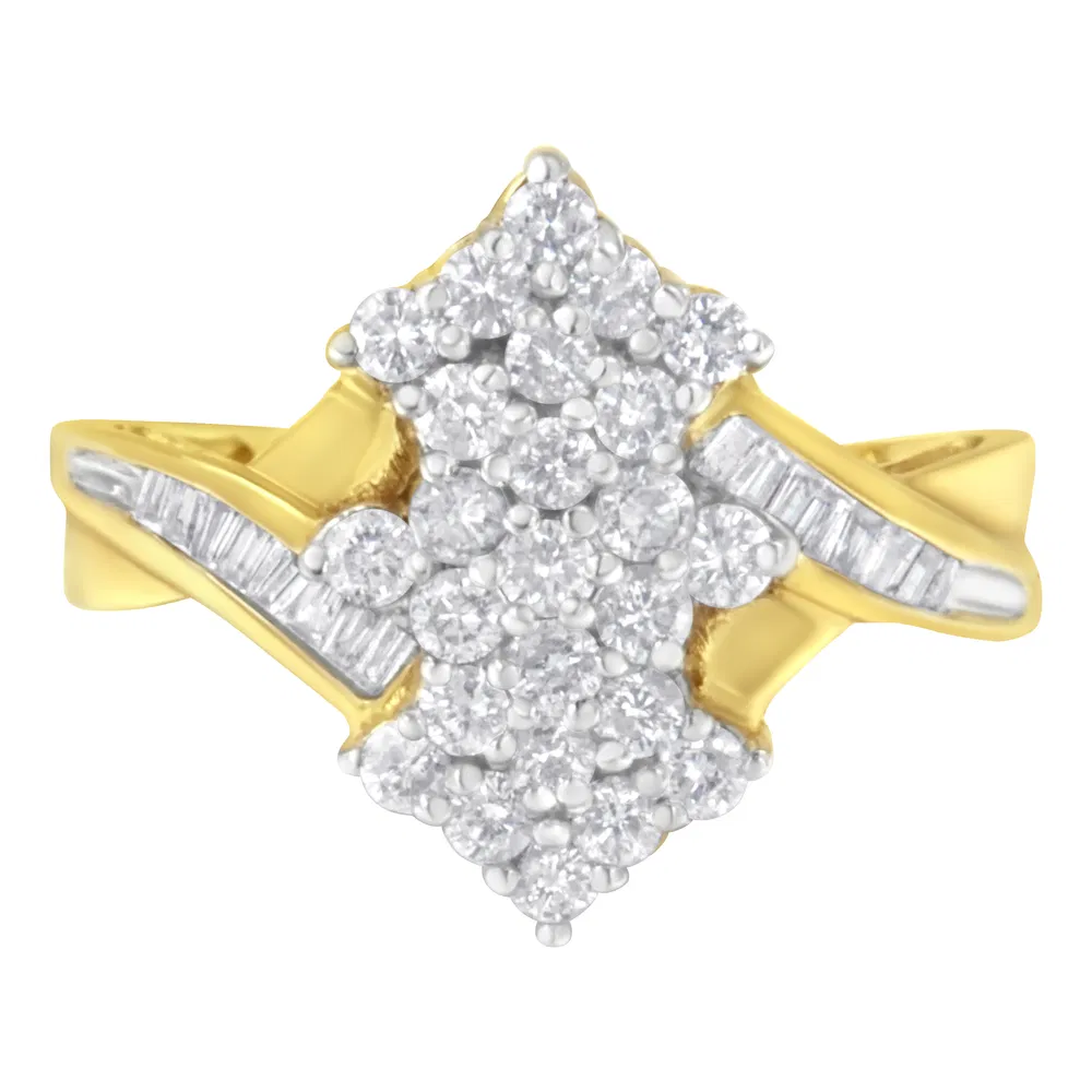 10K Yellow Gold Round And Baguette Cut Diamond Cluster Ring (1 1/10 Cttw, H-I Color, SI2-I1 Clarity) - Grocery