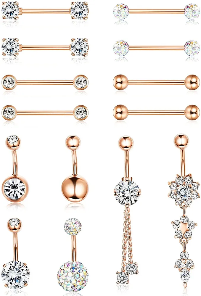 Rings Dangle Belly Button Rings for Women 14G 316L Surgical Steel Curved Navel Barbell CZ Tongue Rings Nipple Piercing Jewelry - Grocery